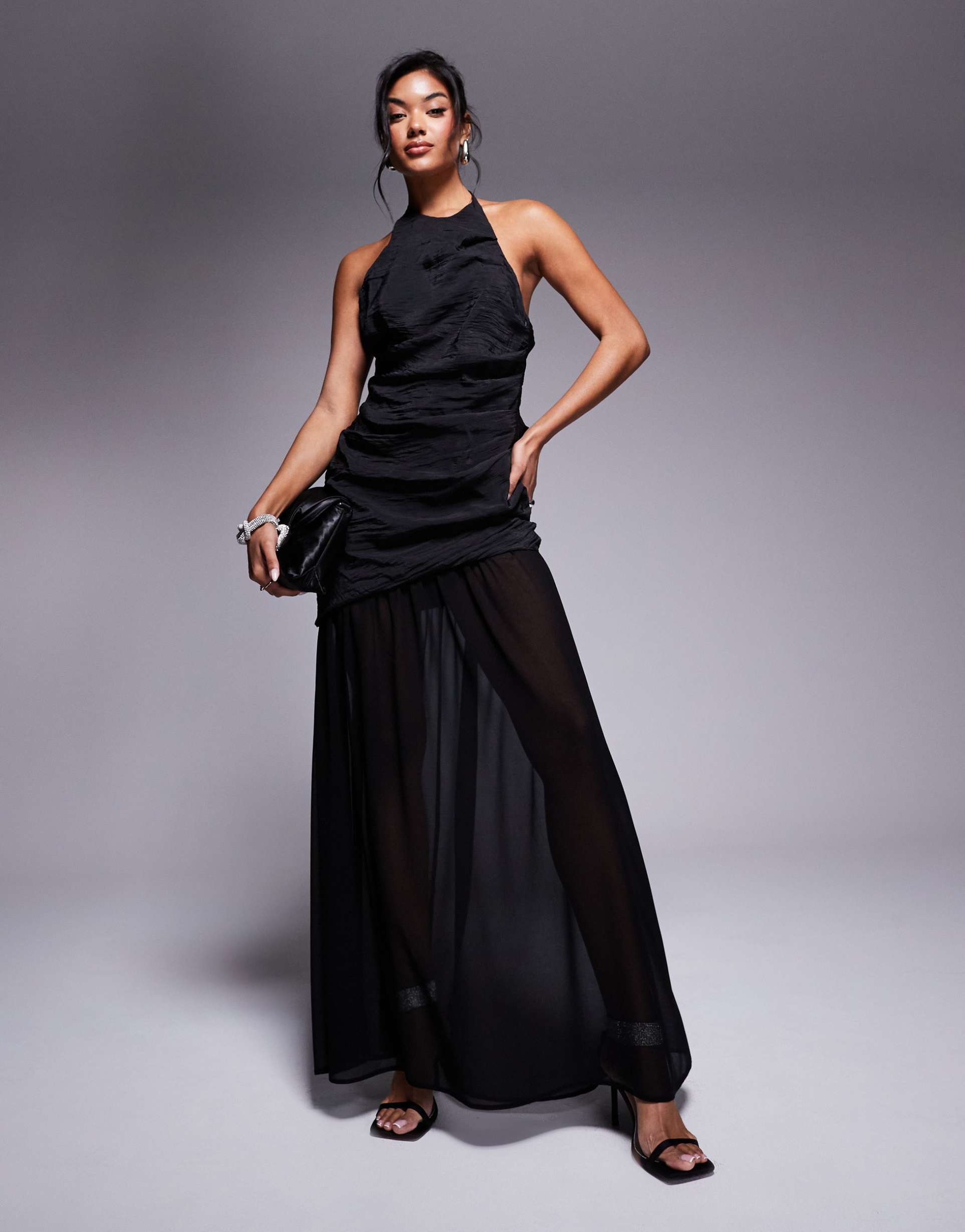 asos design halter asymmetric ruched maxi dress with chiffon skirt in black