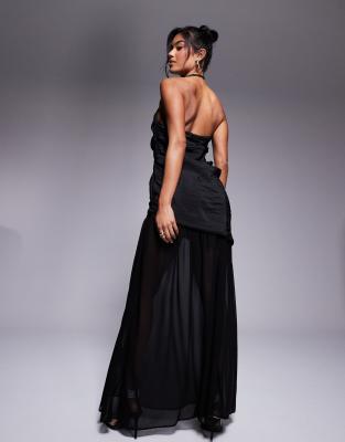 asos design halter asymmetric ruched maxi dress with chiffon skirt in black