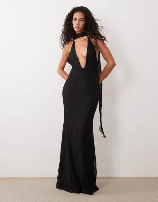 Asos Design Halter Backless Lace Maxi Dress Fishtail Dress With Fringe Scarf Detail In Black
