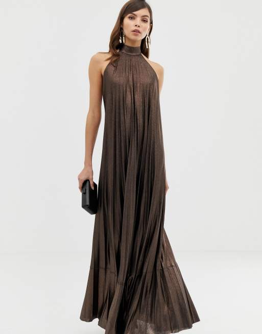 Asos design vanessa backless halter pleated maxi dress sale