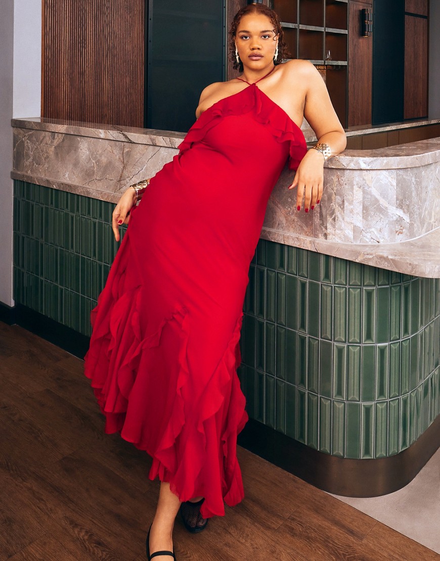 Asos Design Halter Bias Maxi Dress With Ruffle Hem In Red