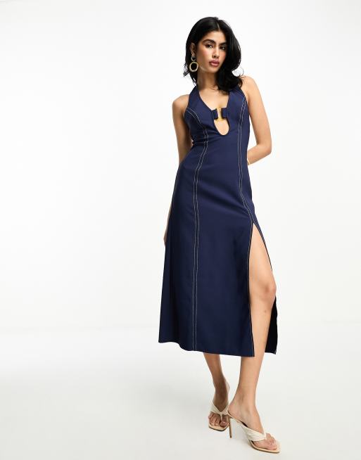 FhyzicsShops DESIGN halter bodycon midi dress stitch with contrast stitching and hardware trim in navy