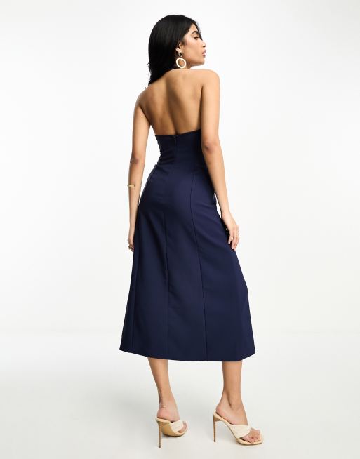 ASOS DESIGN halter bodycon midi dress stitch with contrast stitching and  hardwear trim in navy