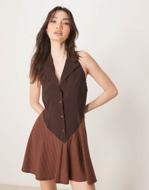ASOS DESIGN halter button down mini dress in brown