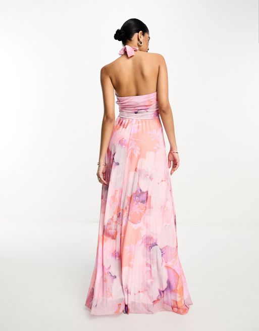ASOS DESIGN satin plisse maxi dress in pink tie dye print