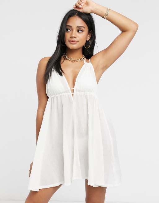 ASOS DESIGN halter channel plunge sundress in natural ivory crinkle