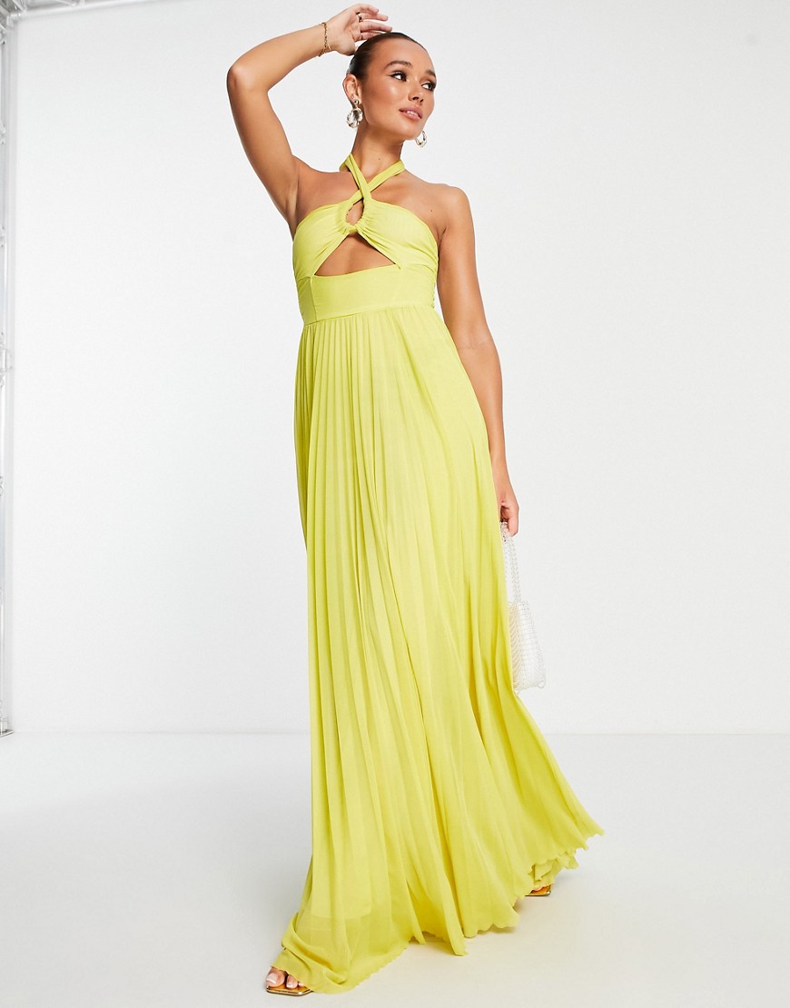 ASOS DESIGN halter channelled pleated mesh maxi dress in lime-Green