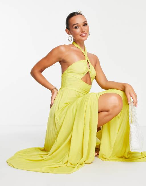 ASOS Halter Neck Pleated Maxi Dress With Open Back in Yellow