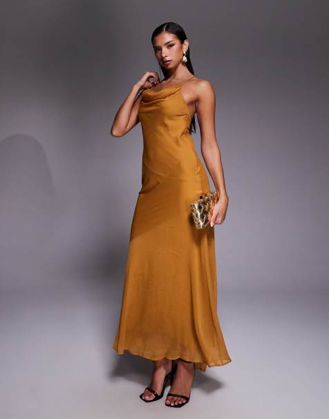 ASOS DESIGN halter chiffon maxi dress with seam detail in mustard