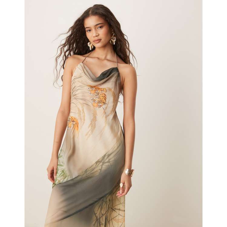 【I AM MARI】25SS★ Fate printed chiffon shirring tie OP ASOS DESIGN halter chiffon maxi dress with seam detail in