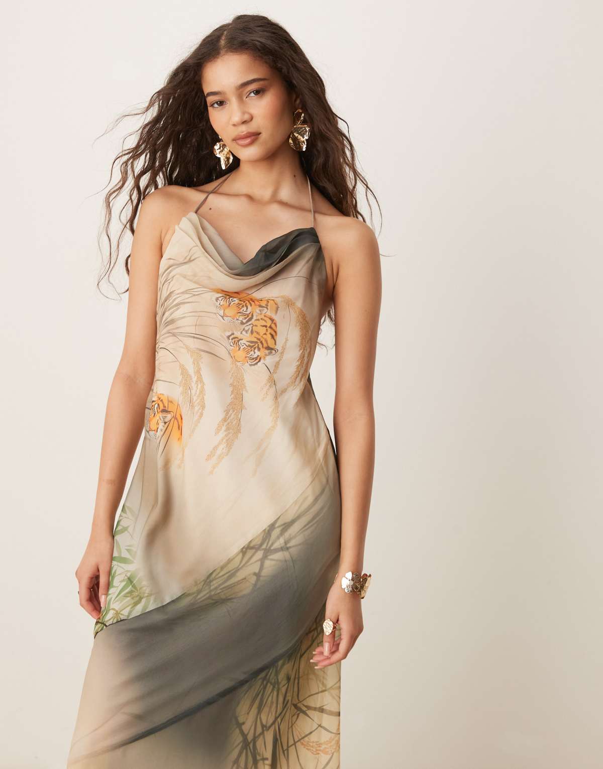 ASOS DESIGN halter chiffon maxi dress with seam detail in tiger print