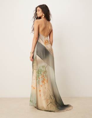 Asos Design Halter Chiffon Maxi Dress With Seam Detail In Multi