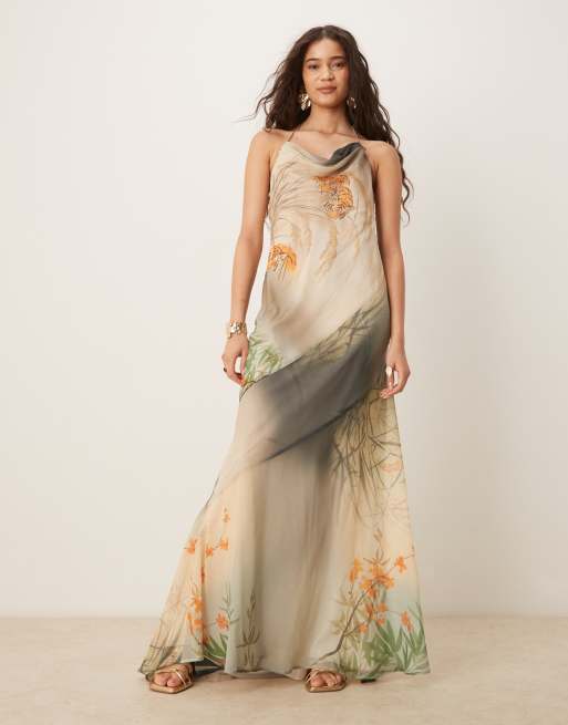 ASOS DESIGN halter chiffon maxi dress with seam detail in tiger print