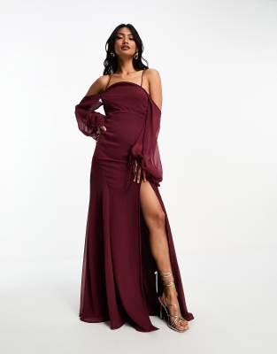 Asos Design Halter Cold Shoulder Maxi Dress With Wave Neckline In Burgundy-red