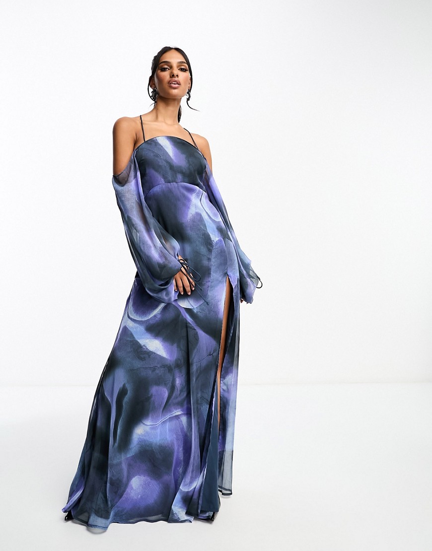 ASOS DESIGN halter cold shoulder maxi dress with wave neckline in navy blurred print-Multi