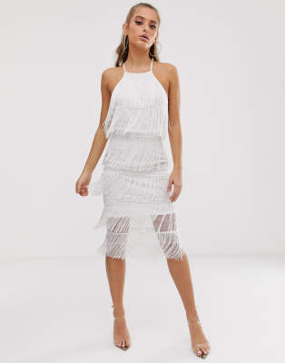 white fringe halter dress