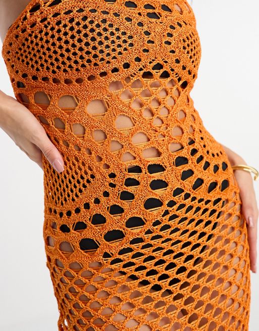 ASOS DESIGN knit macrame mini dress with fringe in stone