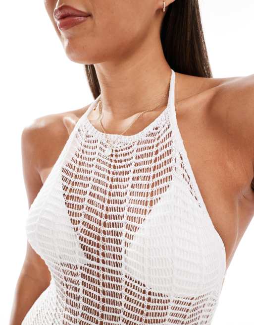 ASOS DESIGN halter crochet knit maxi beach dress in white, 2 of 4