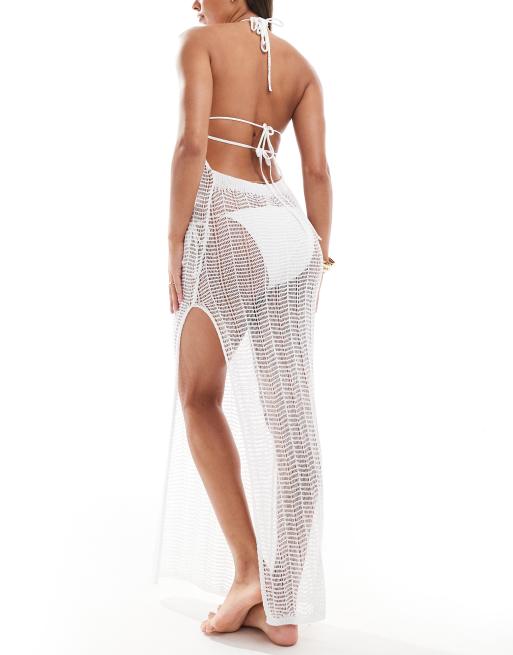 ASOS DESIGN halter crochet knit maxi beach dress in white, 3 of 4