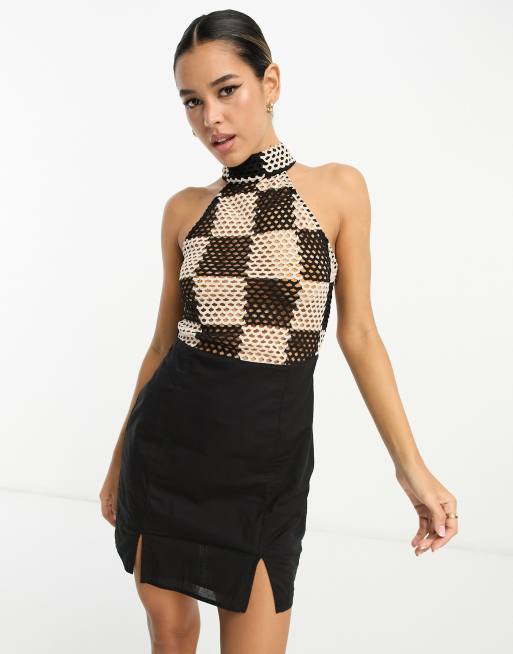 ASOS DESIGN halter crochet mini dress in mono checkerboard 