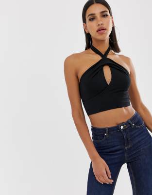 ASOS DESIGN halter crop top with keyhole-Black