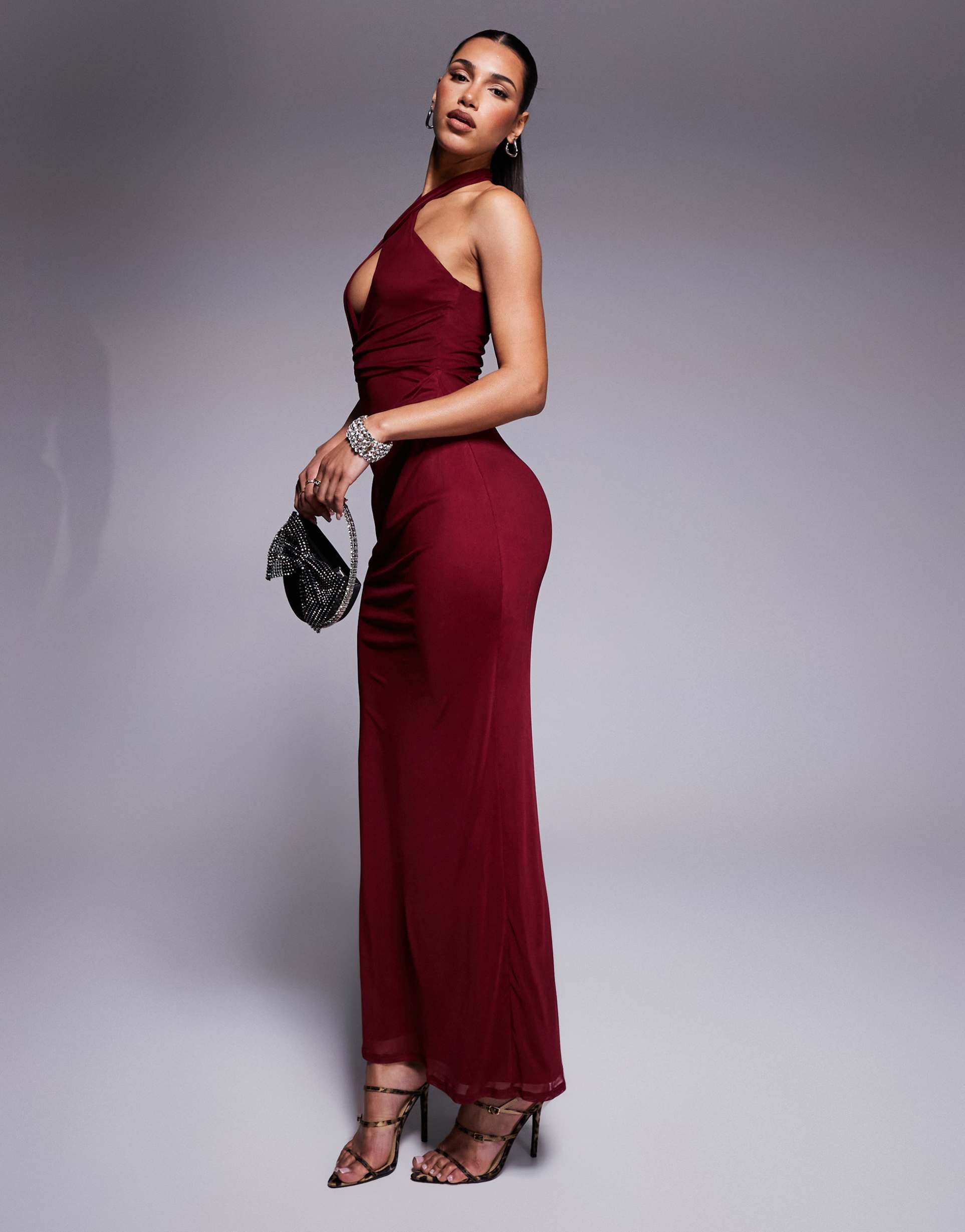 asos design halter cross front maxi dress in burgundy