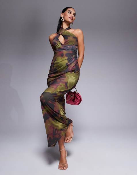 ASOS DESIGN halter cross front maxi dress in dark green & pink floral - view 1
