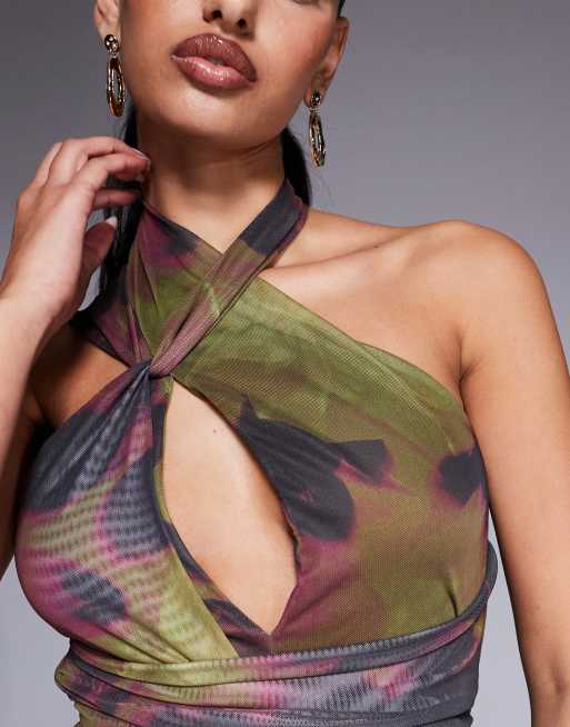 ASOS DESIGN halter cross front maxi dress in dark green & pink floral
