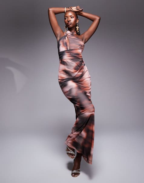 ASOS DESIGN halter cross front maxi dress in pink smudge print - view 1