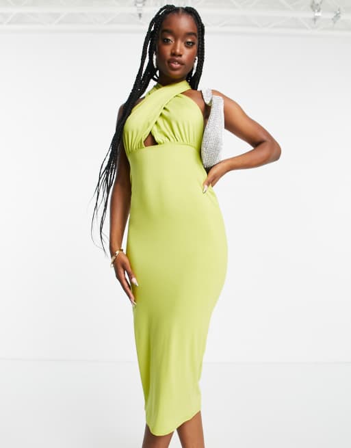 ASOS DESIGN halter cross front midi dress in olive, 3 of 4