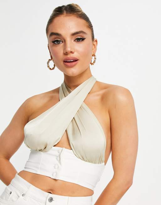 ASOS DESIGN halter cross neck crop top with button detail in light gold