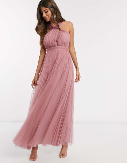 ASOS DESIGN halter cross over front tulle maxi dress in rose | ASOS