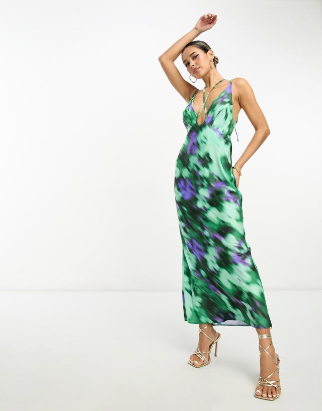 ASOS DESIGN - halter cross strap maxi dress in blurred print