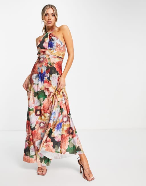 ASOS DESIGN halter cross waist pleated maxi dress in bright floral ...