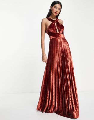 Asos Design Halter Cross Waist Velvet Pleated Maxi Dress In Rust-red |  ModeSens