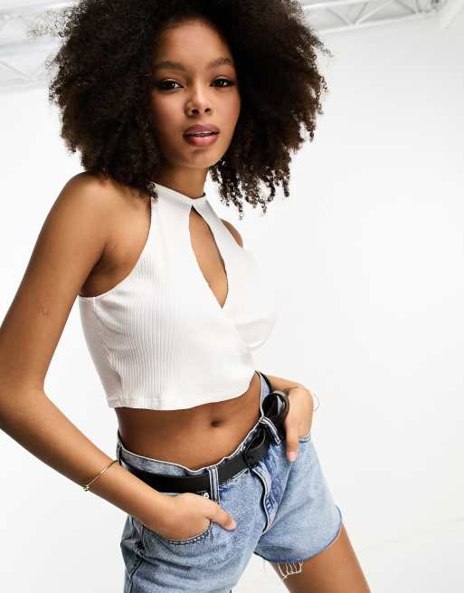 ASOS DESIGN Hourglass halter neck crop top in white