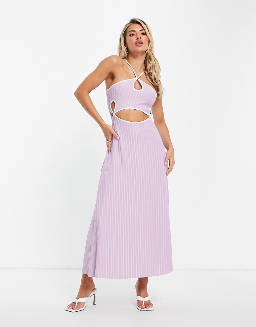 ASOS DESIGN halter cut out contrast binding ribbed midi dress in lilac-Purple