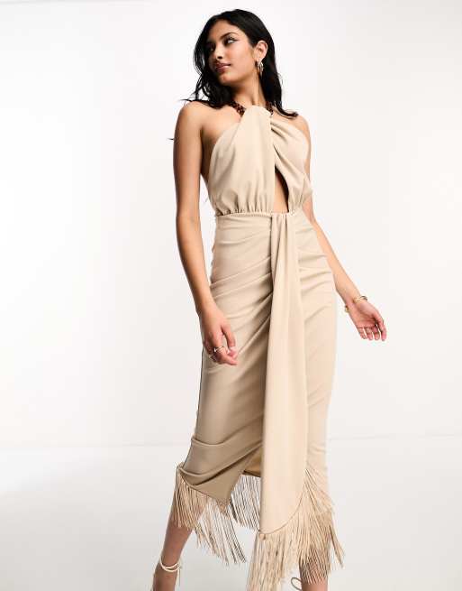 ASOS DESIGN halter cut out draped fringe midi dress in stone