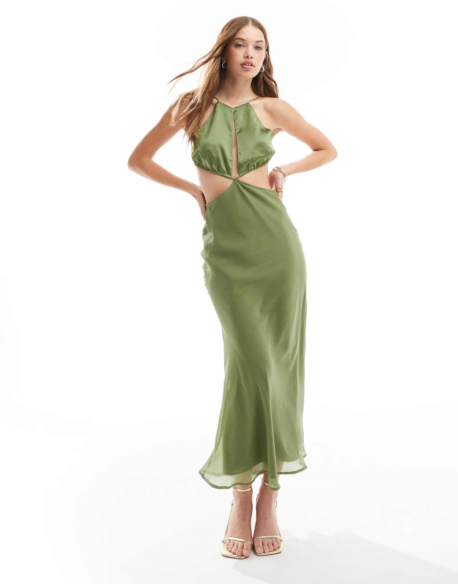 asos design halter cut out midaxi dress with satin bodice in khaki