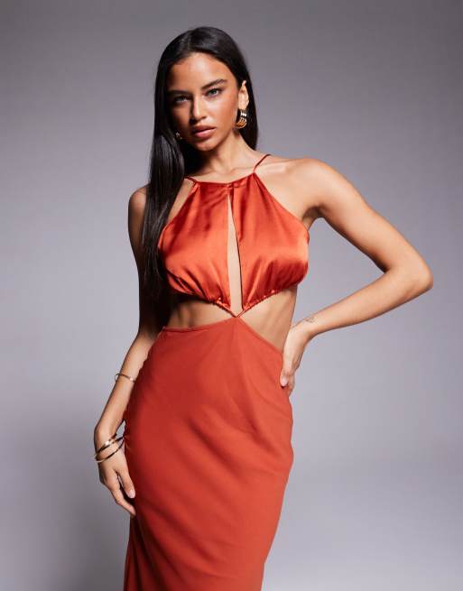 ASOS DESIGN halter cut out midaxi dress with satin bodice in soft rust, 2 of 4
