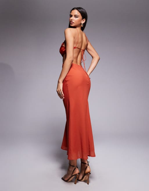 ASOS DESIGN halter cut out midaxi dress with satin bodice in soft rust, 3 of 4