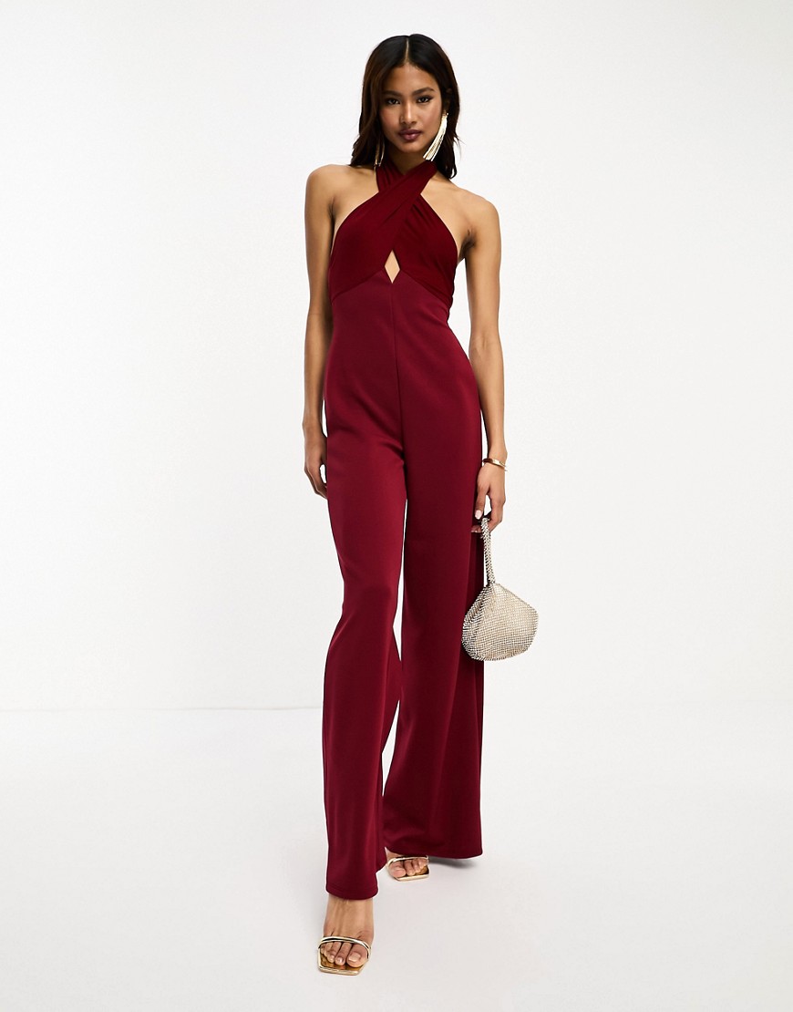 ASOS DESIGN halter cut out tailored jumpsuit in berry