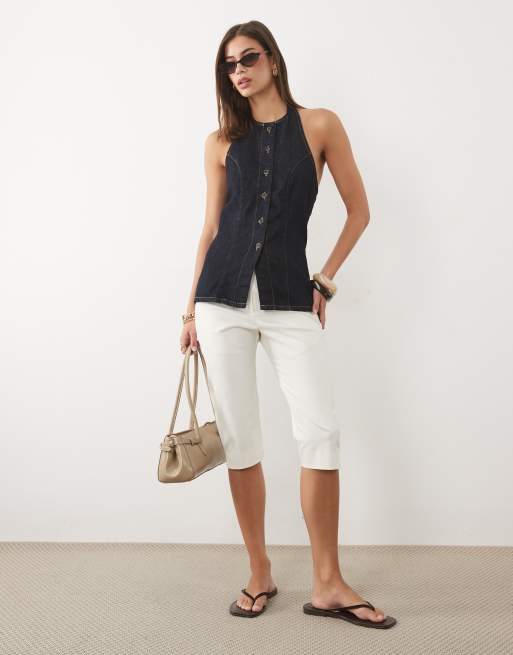 ASOS DESIGN halter denim top in midwash blue (part of a set), 4 of 4
