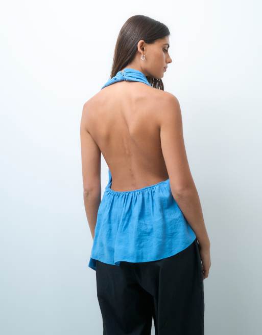 ASOS DESIGN halter detail drape top in blue, 2 of 4