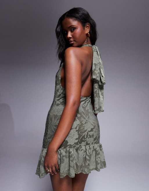 ASOS DESIGN halter devore mini dress with dropped waist peplum and tie back in khaki, 2 of 4