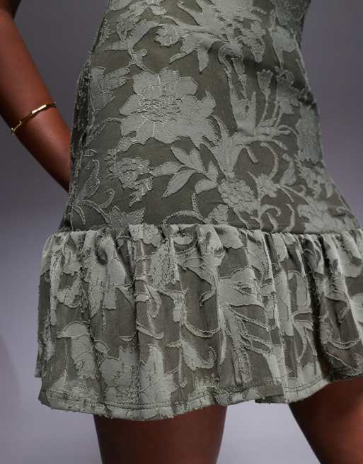 ASOS DESIGN halter devore mini dress with dropped waist peplum and tie back in khaki, 3 of 4