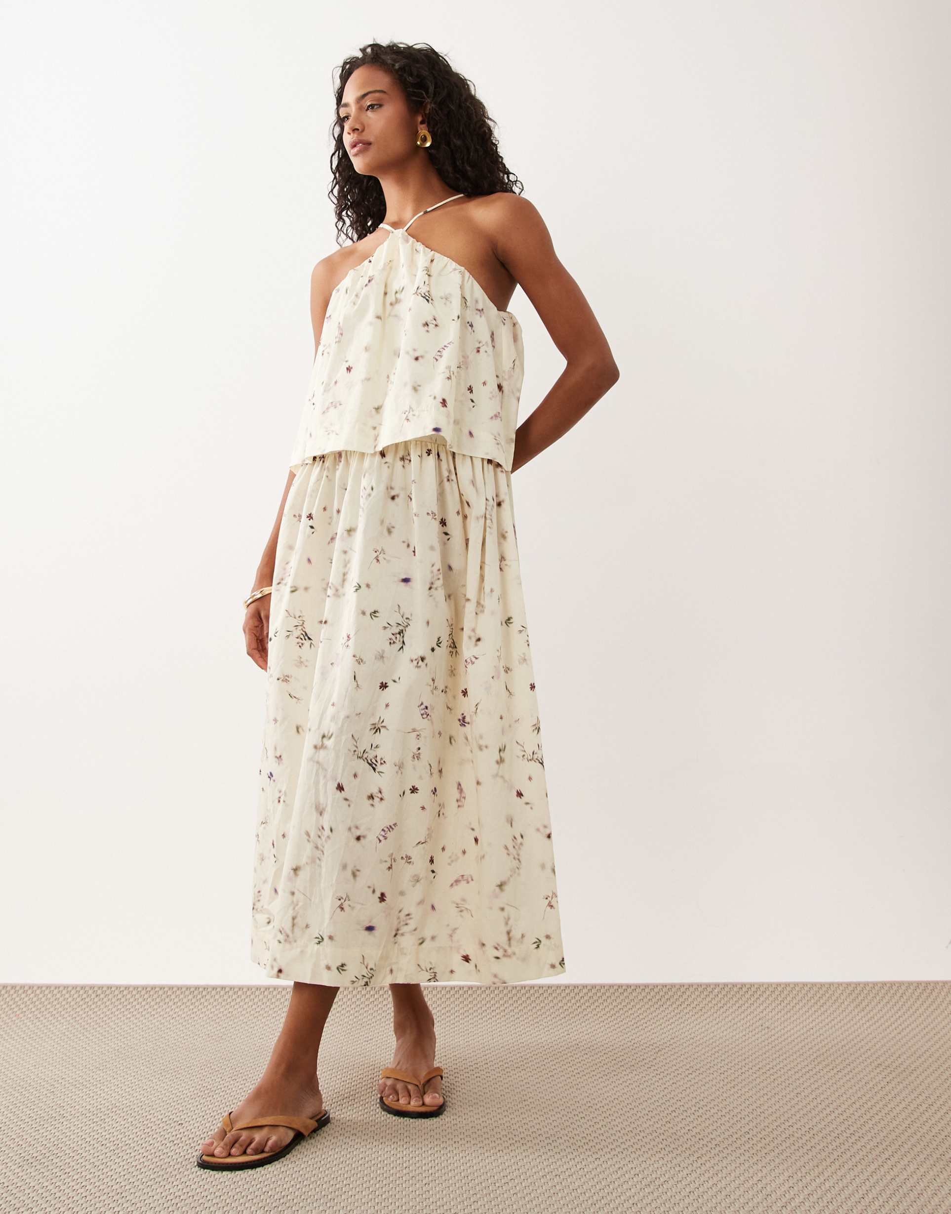 asos design halter double layer maxi dress in smudge ditsy print
