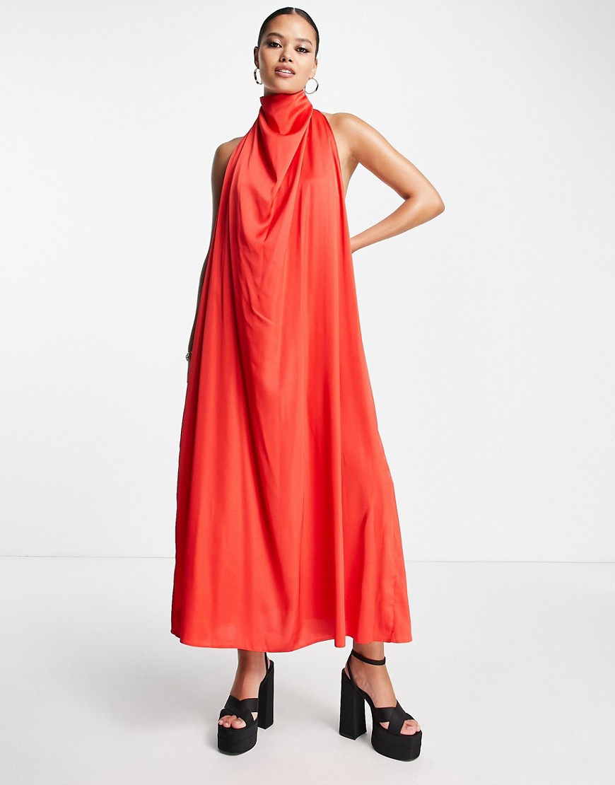ASOS DESIGN halter drape satin maxi dress in red