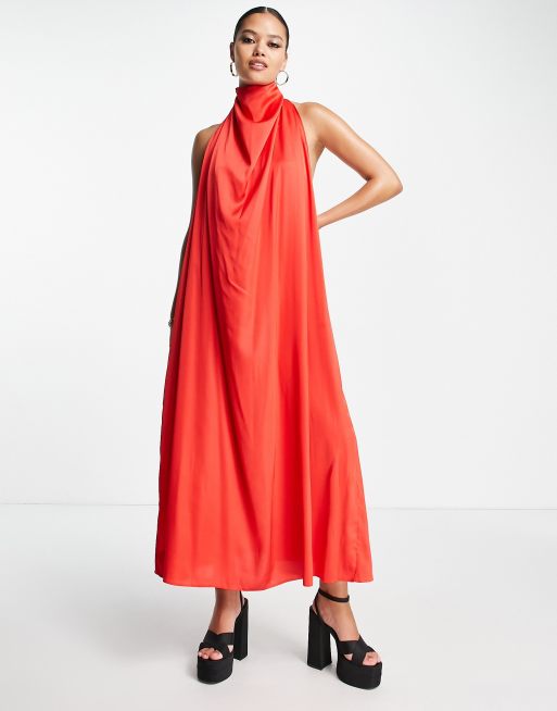 ASOS DESIGN Satin halter neck backless mini dress with waist detail in red