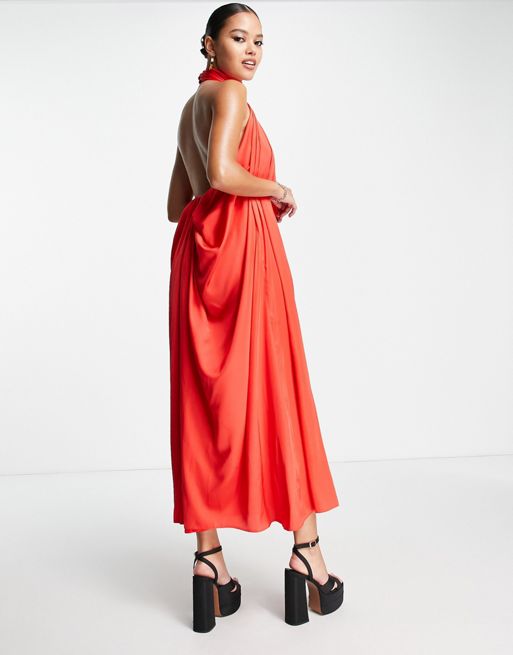 ASOS DESIGN Satin halter neck backless mini dress with waist detail in red